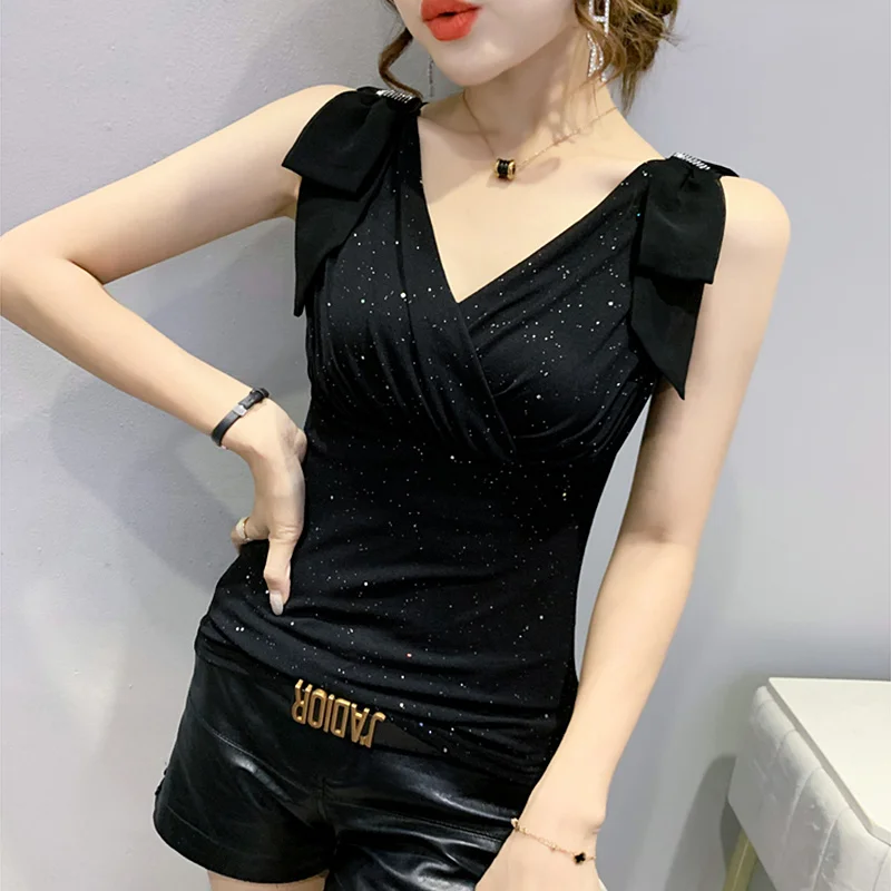 

#7142 Sleeveless T Shirt Women V-Neck Wrap T Shirt Femme Diamonds Mesh Tops Sexy Club Womens Tee Shirts Tight T-shirt Summer