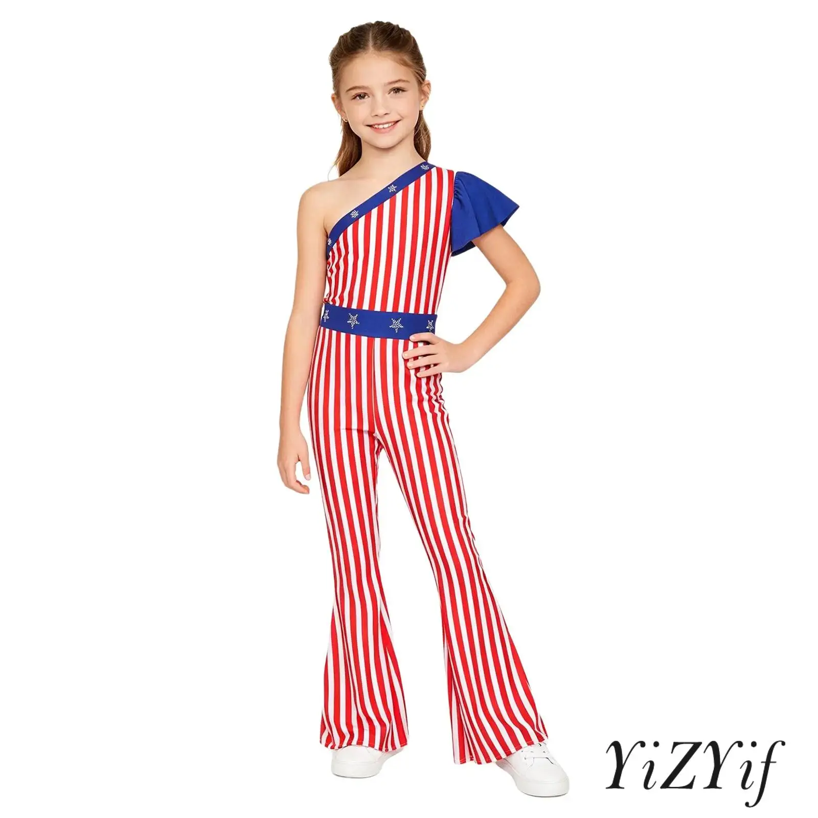 

Striped Star Print Jumpsuit for Girls One Shoulder Ruffled Sleeve Flared Pants Romper for Independence Day Halloween Costume