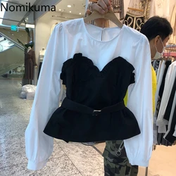 Nomikuma Spring New Fake Two Pieces Blouse Shirt 2023 Korean Hit Color Patchwork Women Tops Belt Slim Waist Elegant Blusas 6D855