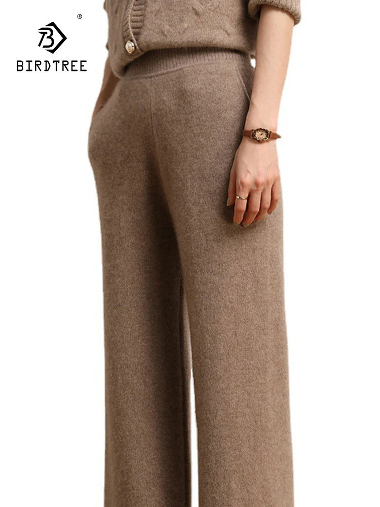 

Birdtree 95% Cashmere 5% Wool Autumn Winter Solid Wide Leg Pants Women French Knitted Elastic Thick Straight Tube Pants B38922QC