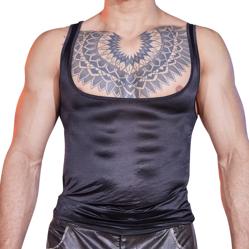 رجل شبكة Singlets العضلات القمم ساحة الرقبة منخفضة الصدر قميص النفط لامعة لامعة شير كمال الاجسام سترة دون أكمام محدد شكل الجسم #3