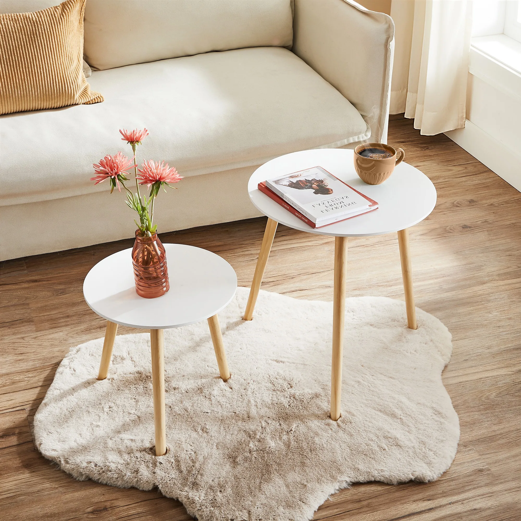 VASAGLE Nesting Side Table: Set of 2 Round End Tables. Scandinavian Minimalist Design. Solid Pine Wood Legs.