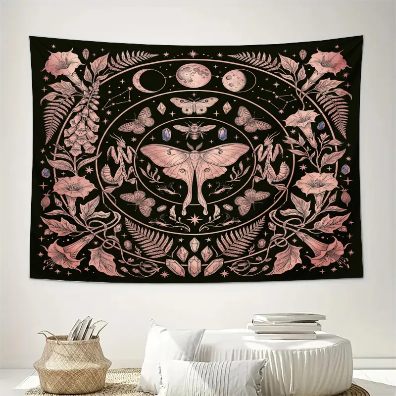 Gothic Celestial Moth Curtains Boho Window Curtains Rod Pocket Panels Dark Cosmic Butterfly Floral Design Pink Black Aesthetic C