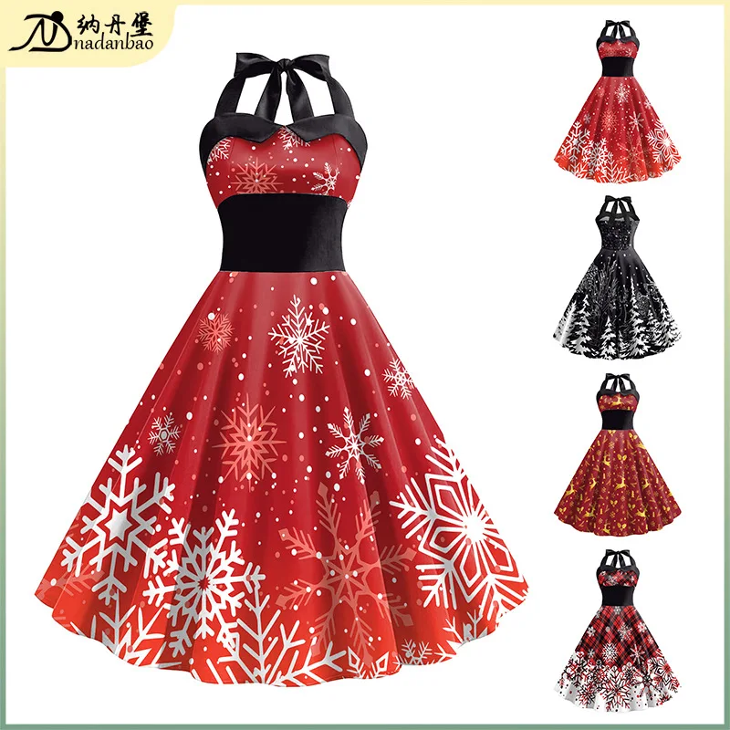 

2023 new Christmas dress Christmas snowflake print dress women's strap high waist skirt women