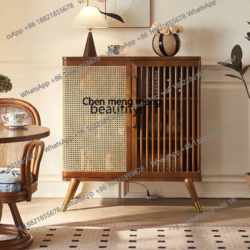 

Retro solid wood sofa side living room small apartment rattan storage cabinet storage restaurant Nordic dining side cabinet H