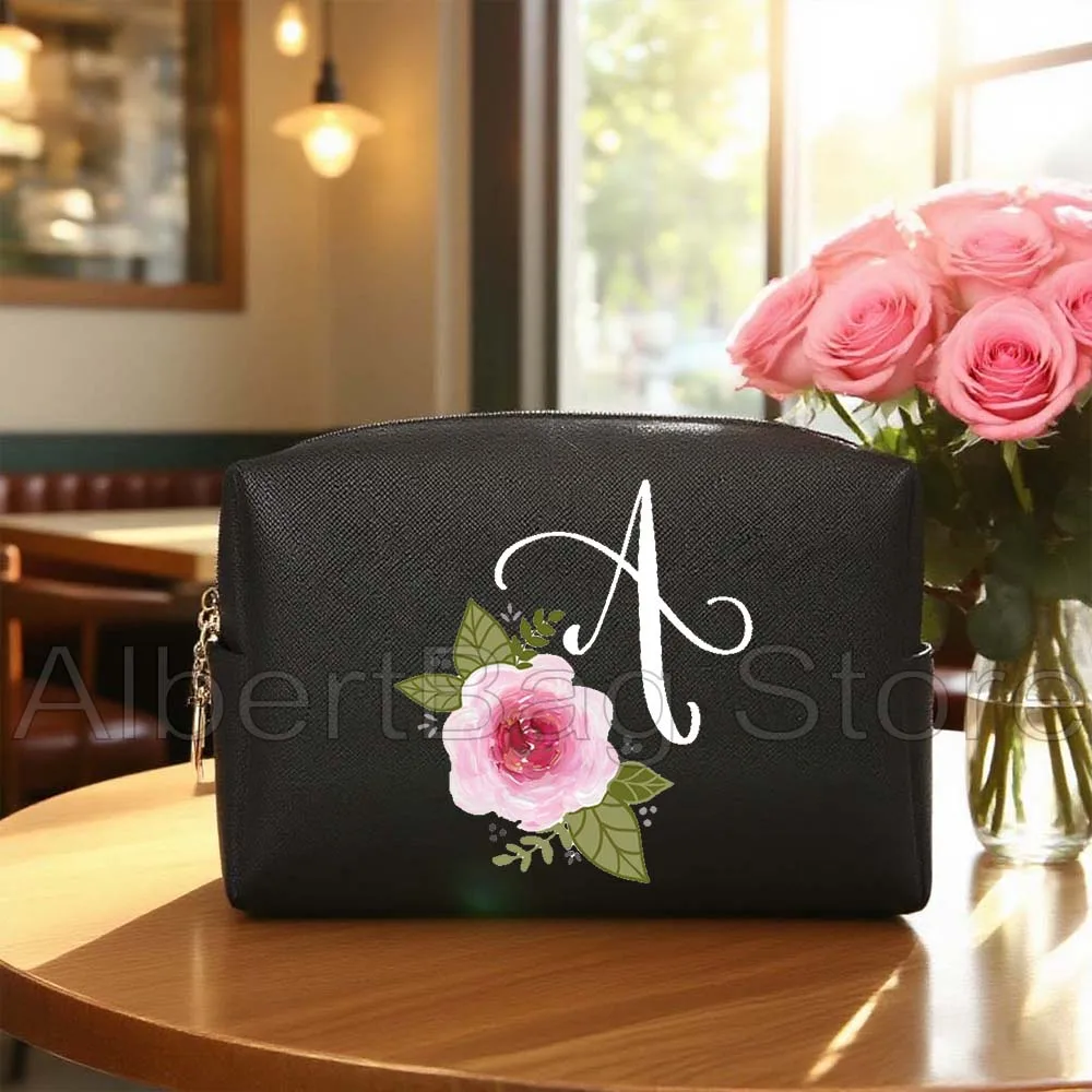 

Custom Initials Monogram Letter Floral Cute Pink Rose Flower PU Travel Cosmetic Bag Makeup Case Waterproof Organizer Storage Bag
