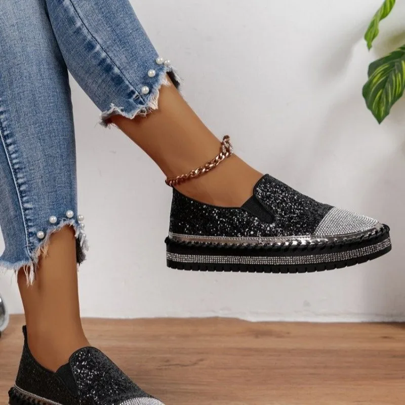 Women Sneakers 2024 New Women Flat Sequined Sneakers Casual Women Mesh Lace-up Fine Diamond Sequins Platform Vulcanized Shoes