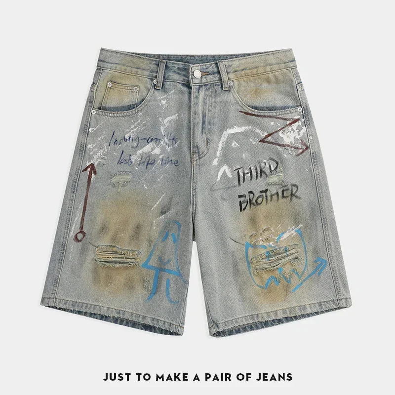 

Нишевые рваные джинсовые шорты в стиле хип-хоп, мужские модные брендовые свободные брюки с пятью дюйма, новые летние прямые брюки средней длины 2026 г.