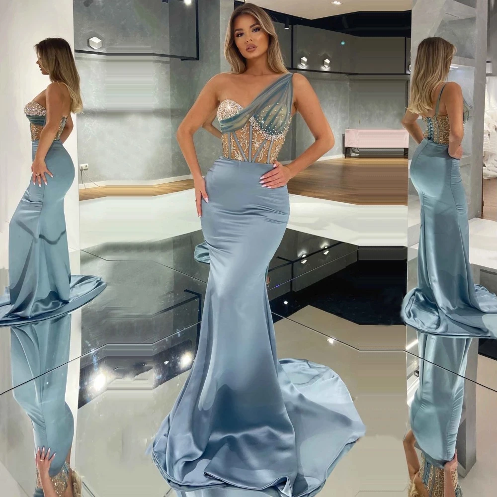 Sexy Dusty Blue Evening Dresses Crystal Beads Exposed Boning One Shoulder 2022 Formal Women Prom Gowns Aabic Night Party Soiree