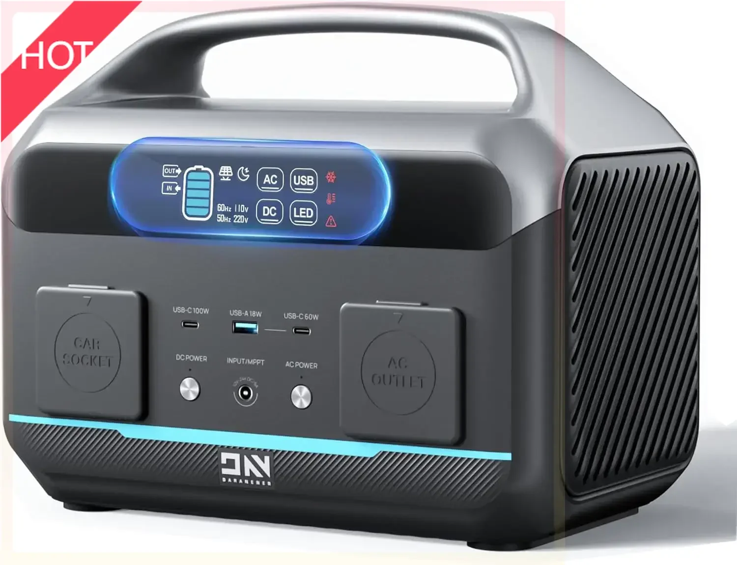 

Сетевой генератор 600 Вт (1200 Вт), солнечный генератор 576 Втч (180 000 мАч), батарея LFP, быстрая зарядка на 1 час, выход USB-C 100 Вт, внешний аккумулятор для дома