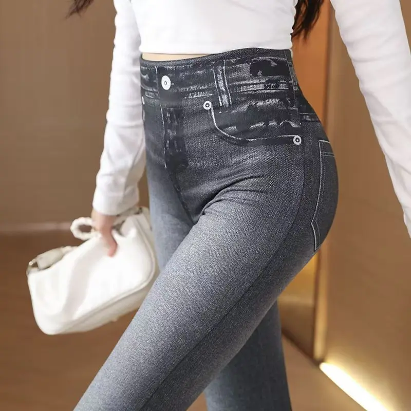 One-peice Elastic Imitation Denim Sports Gymnasium Pencil Pant Casual For Women's Clothes Leggings Dye Vintage All-match Fashion