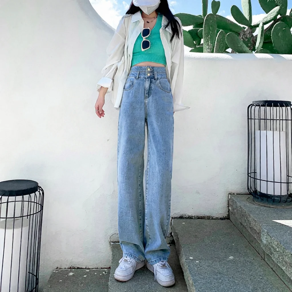 High Waist Wide Leg Denim Jeans Women's Summer Autumn Double Buckle Design Loose Straight Loose Floor-Length Cotton Dyed