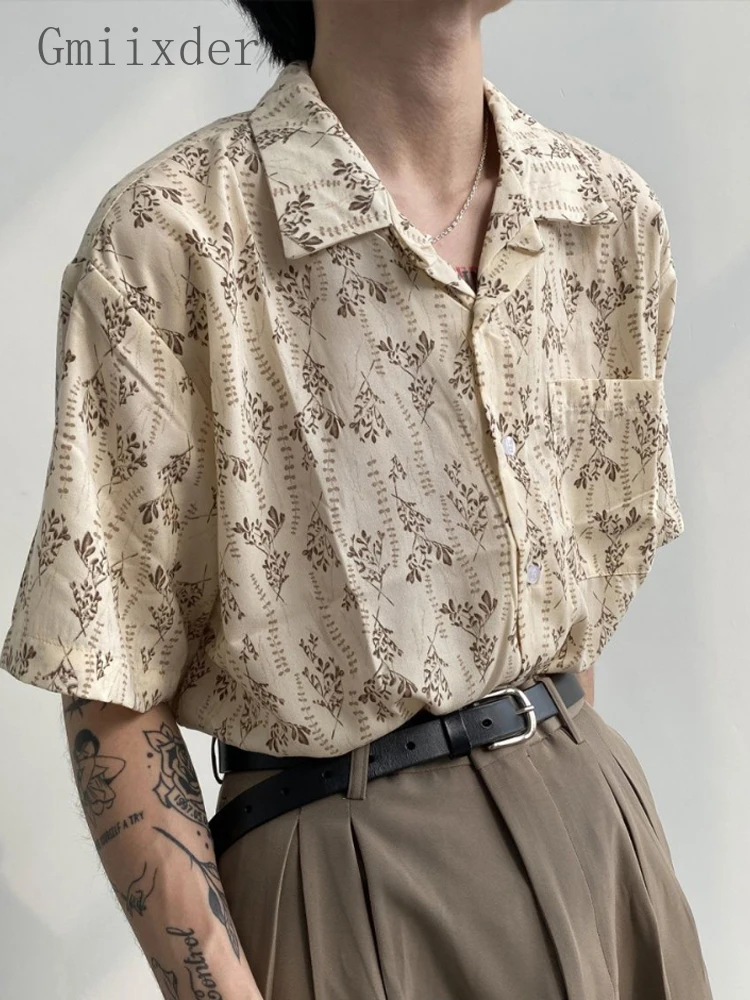 Gmiixder Summer Vintage Short-sleeved Shirt Men's Japan Retro Cuban Collar Floral Shirt Casual Oversize Unisex Elegant Goth Top