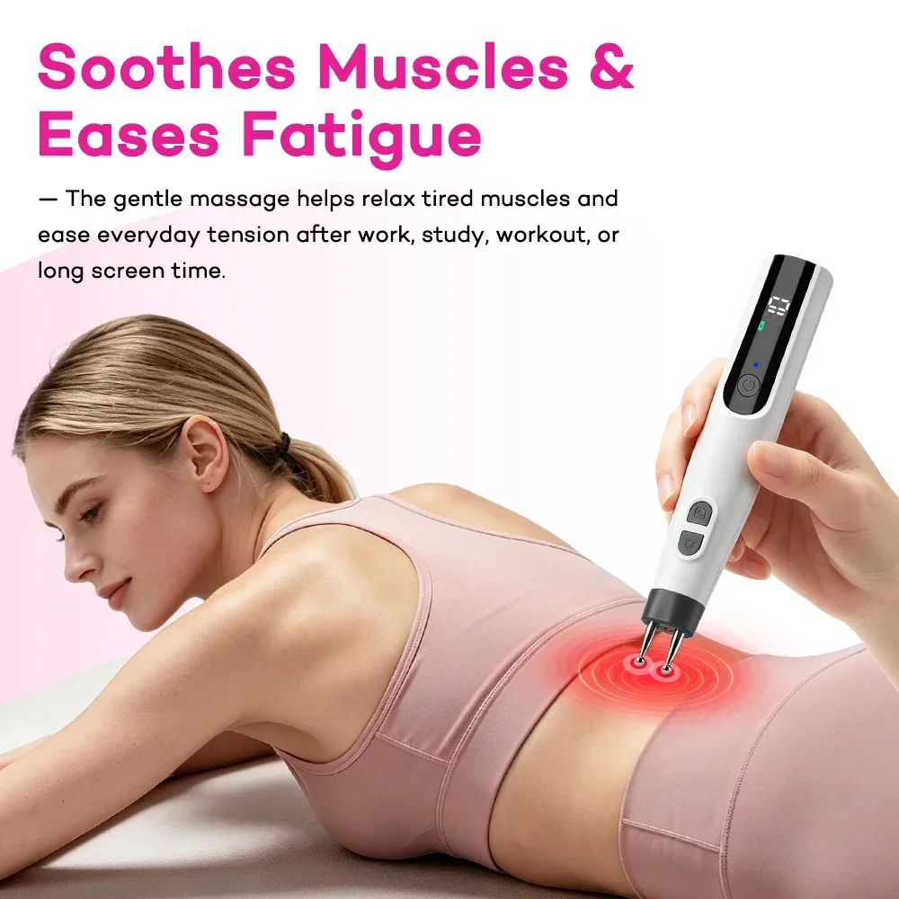Electric Massage Pen with Dual Heads, 5 Pulse Modes 10 Levels Portable Muscle Relaxation Tool, Red Blue Light, Type-C Charging F