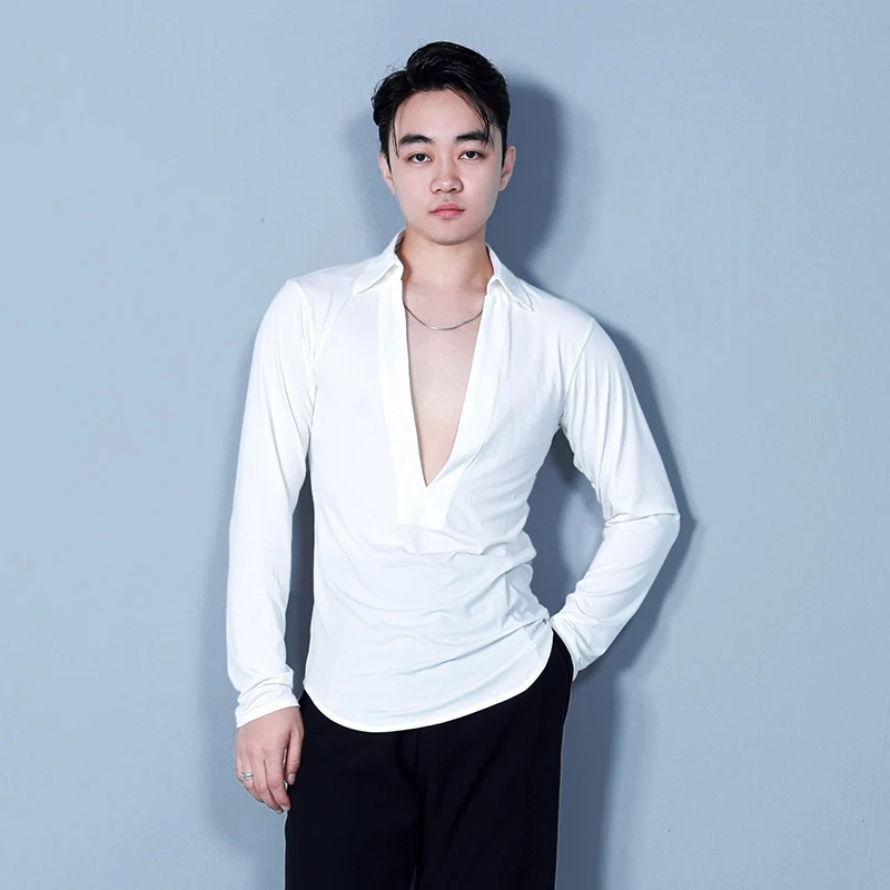 Loose Latin Dance Tops Men Ballroom Dance Clothes Rumba Cha Cha Dance Practice Tops Male Latin Competition Clothing DNV21776