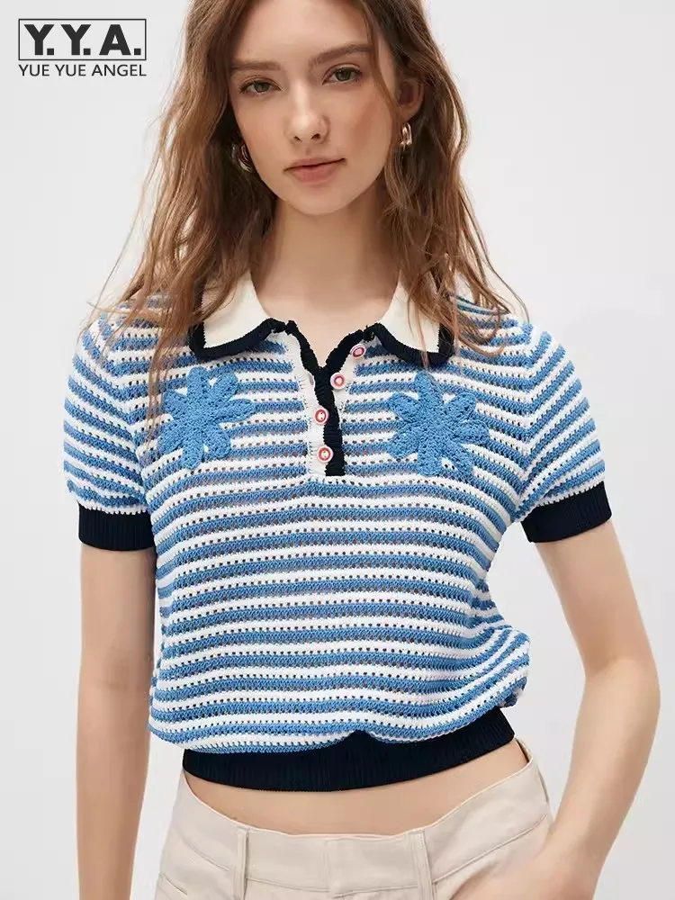 

Fashion Women Summer Lapel Collar Striped Knitted T-Shirt Breathable Slim Fit Cropped Tops Colors Mixed Designer Floral Knitwear