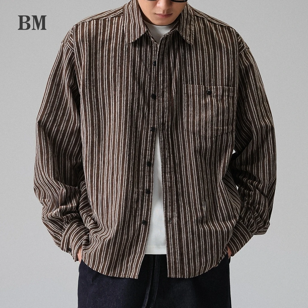 

Mens Maroon Striped Shirt American Vintage Lightweight long Sleeve Oversized Relaxed Fit Button Down Spring Autumn Workwear