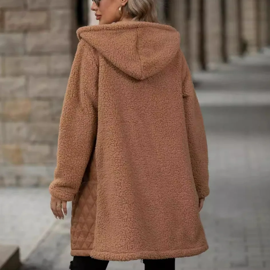 Damski pluszowy płaszcz z kapturem na zimę 2025, zapinany na zamek, ciepły strój domowy, do noszenia wewnątrz i na zewnątrz, długi płaszcz.