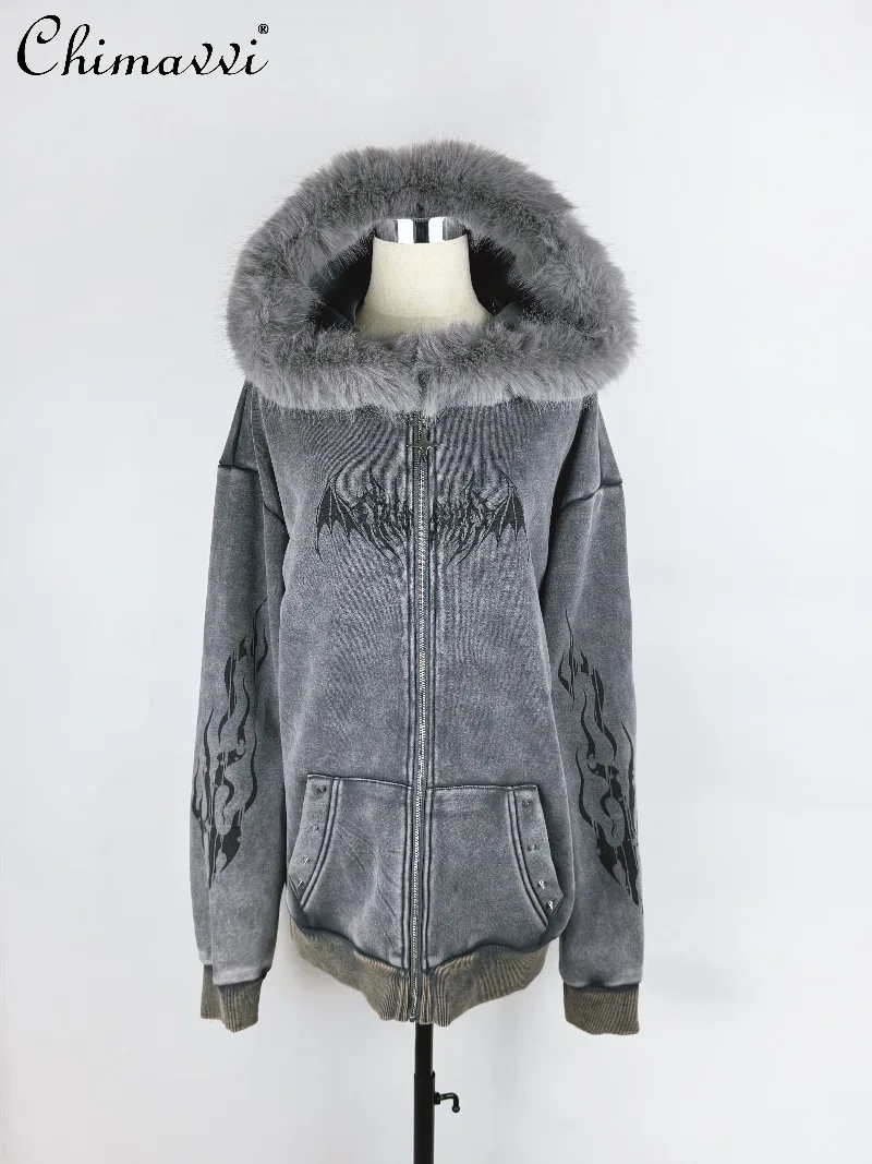

Original Fur Collar Fleece-Lined Jacket Japanese Subculture Washed Dark Girl Thick Long-Sleeve Hooded Coat Autumn Winter