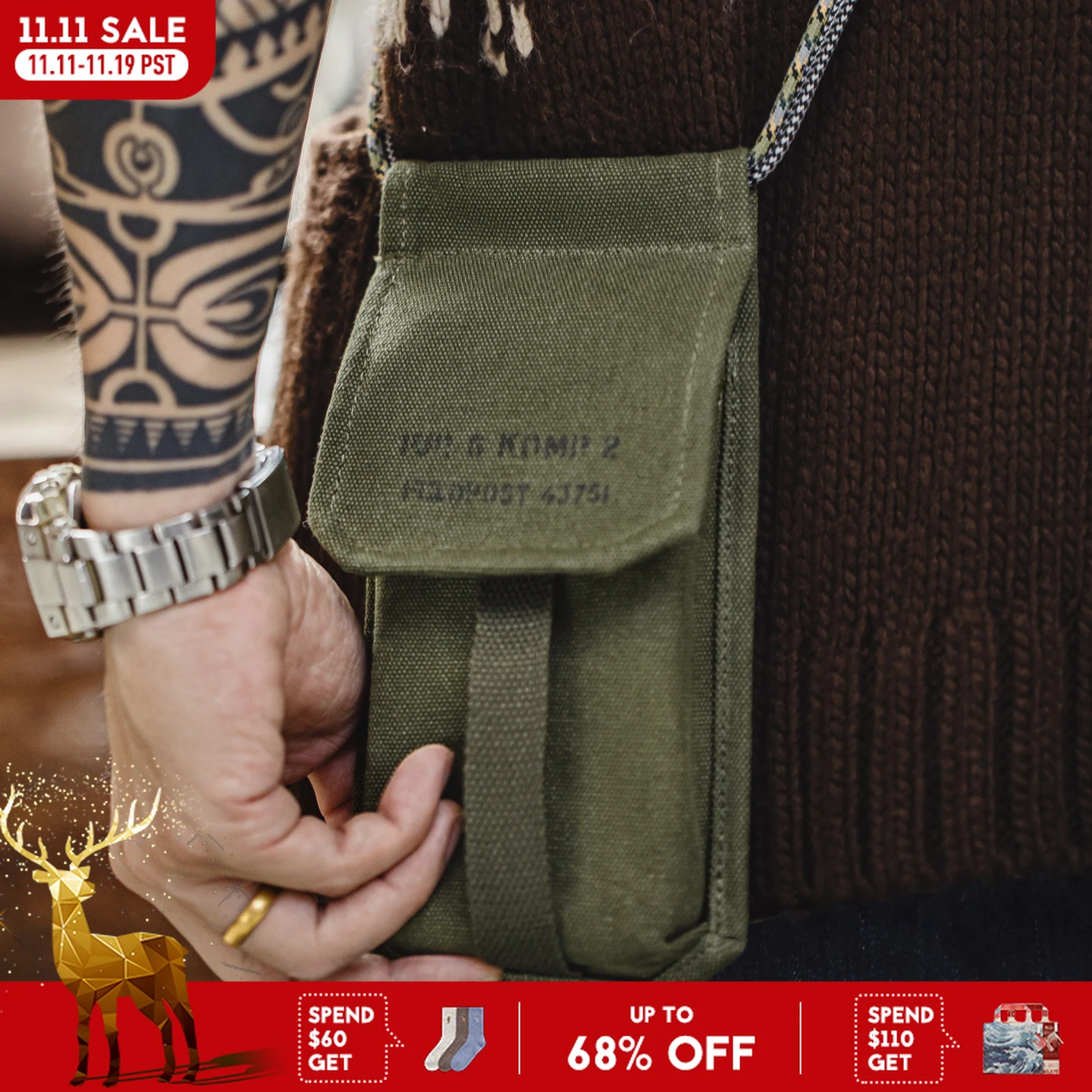 

Maden Men's Vintage M-16 Military Green Mini Bag Crossbody Bags Casual Phone Bag Detachable Coin Purse for Men and Women