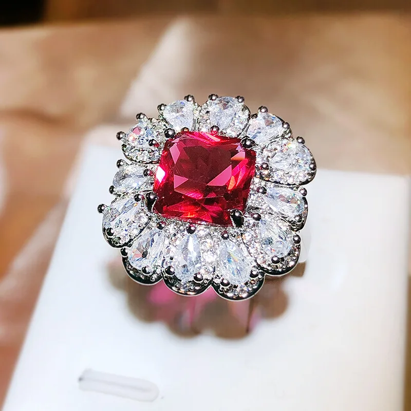 Charm Female Red Zircon Imitation Ruby Flower Ring Cute Sterling Silver Color Open Ring Summer Wedding Jewelry For Women