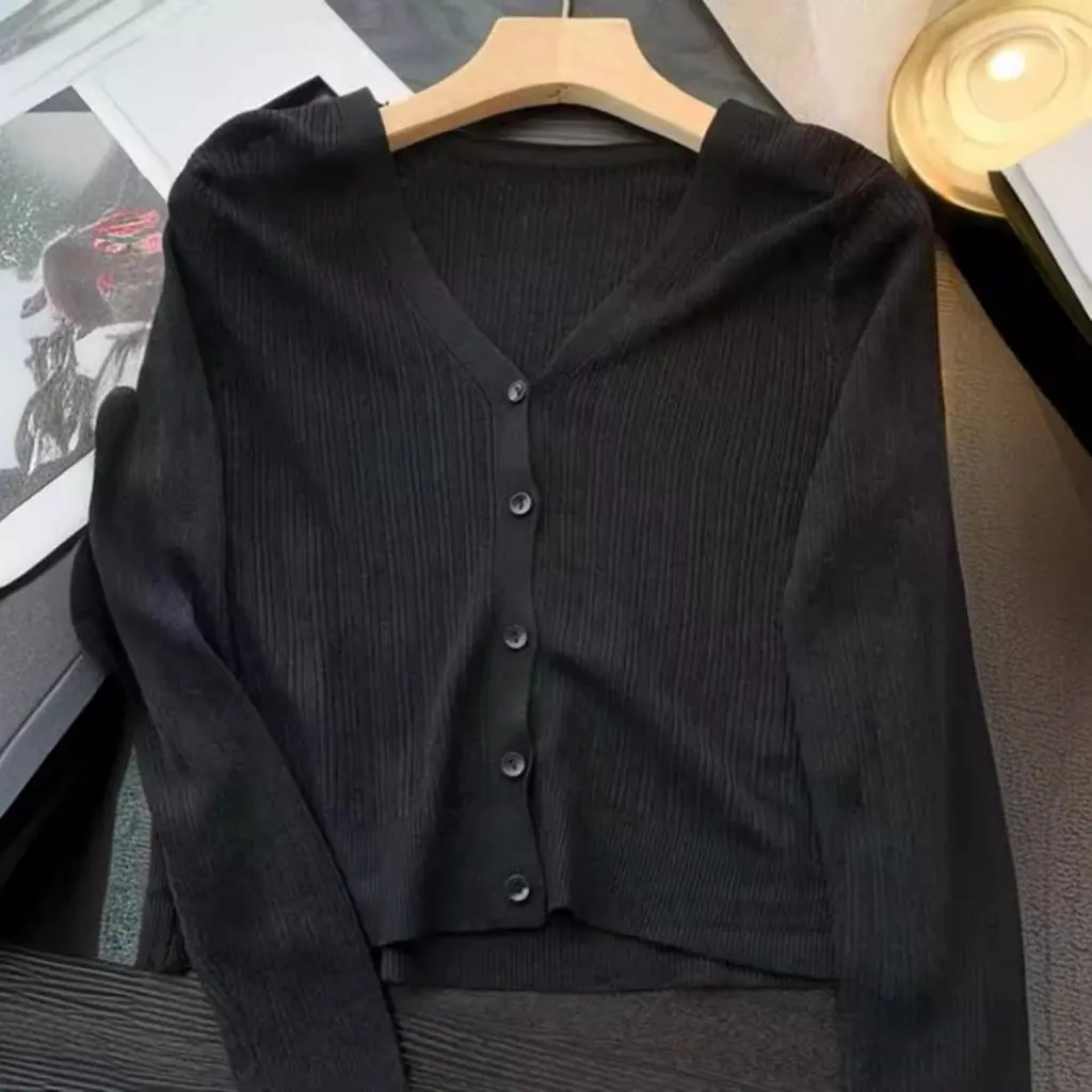 

Women's Thin Knitted Cardigan V-Neck Classic Gentle Ice Silk Top Jacket for Spring Summer Sun Protection Slim Fit