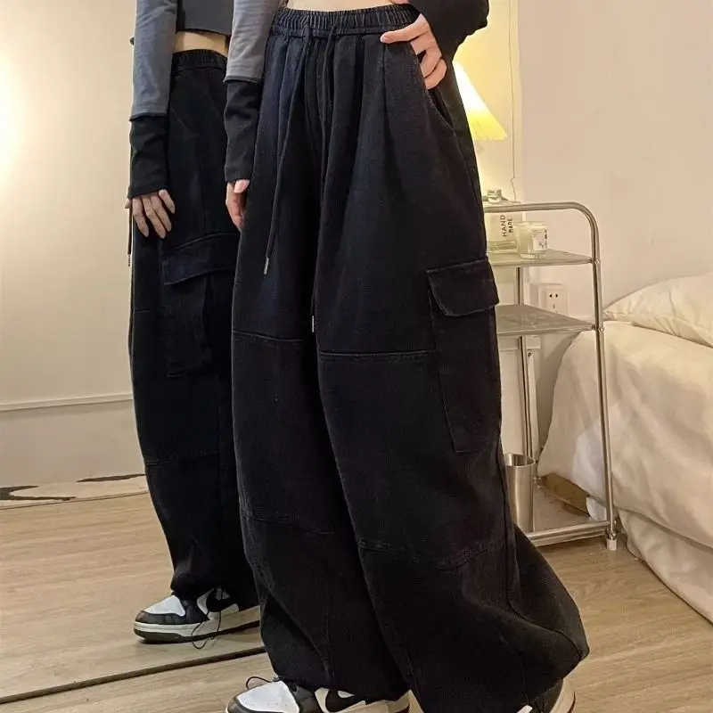 Wijde pijpen broek geribbeld dames lente gestreepte buikcontrole plooien sportkleding tailleband chic geplooid stedelijk kawaii soild twill retro