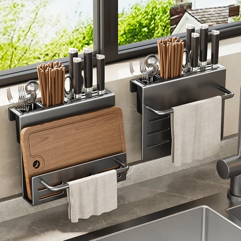 

Kitchen Multi-functional Wall-mounted Knife Storage Rack Put Kitchen Knife Cutting Board Integrated Shelf Chopsticks Tube