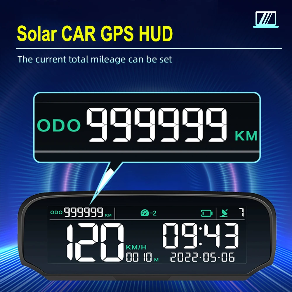 Solar Car HUD GPS Head-Up Display Digital Clock Speedometer Over-Speed Alarm Fatigue Driving Alert Altitude Mileage Display