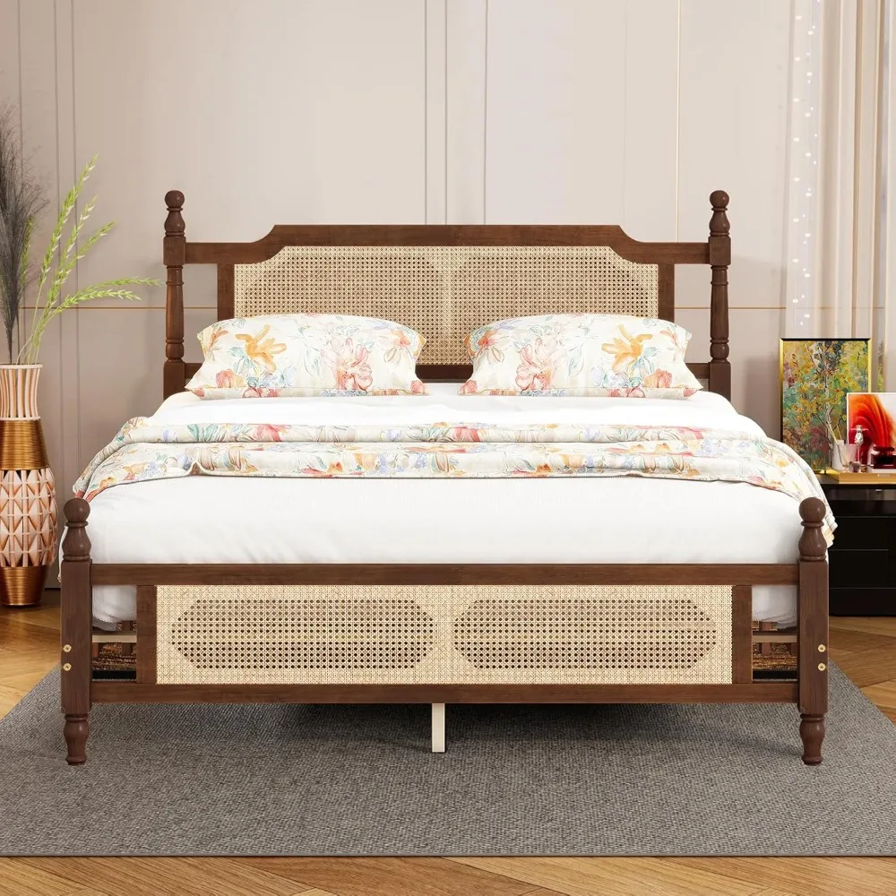 

Queen Size Platform Bed Frame with Retro Style Rattan Headboard & Footboard, Bed with Under-Bed Storage, Solid Slat, Easy Assemb