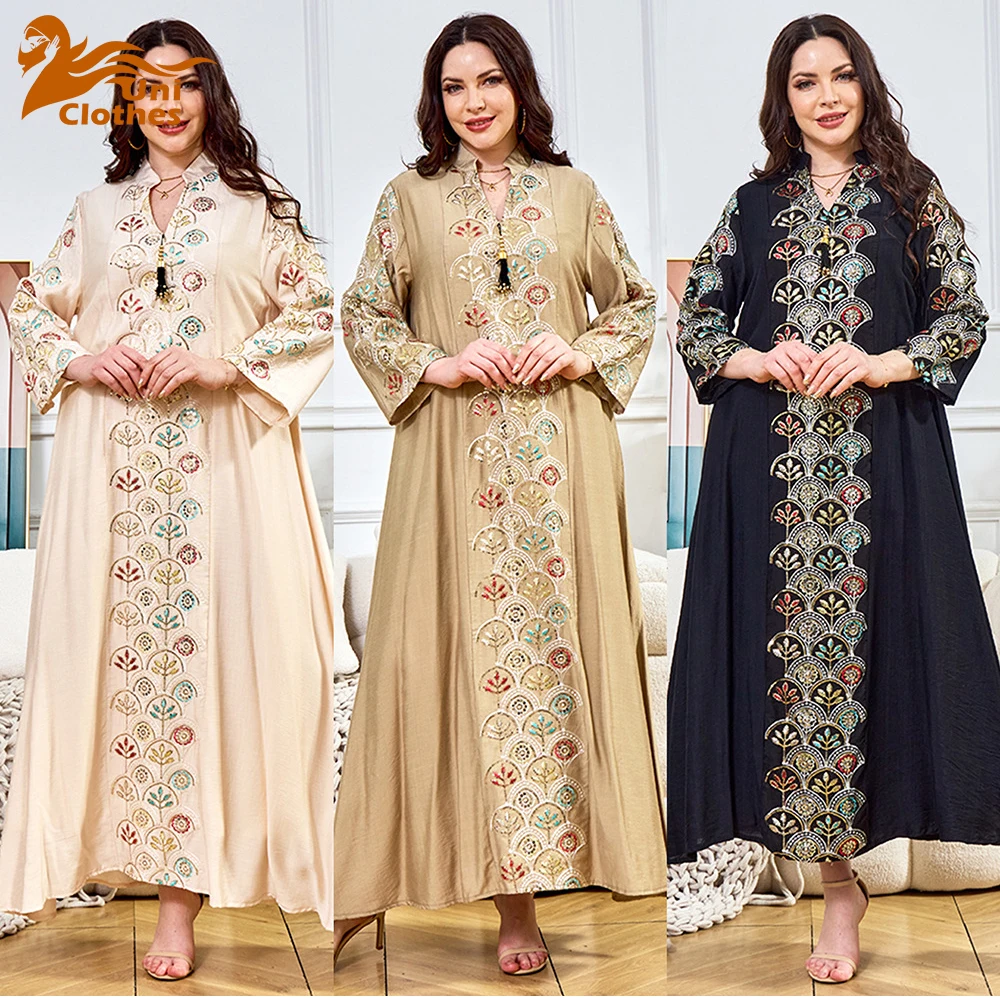 

UNI Embroidery Dress Women Party Abaya Eid Muslim Ramadan Party Sequins Kaftan Robe Jalabiya Vestidos Largos Dubai Abayas Dresse