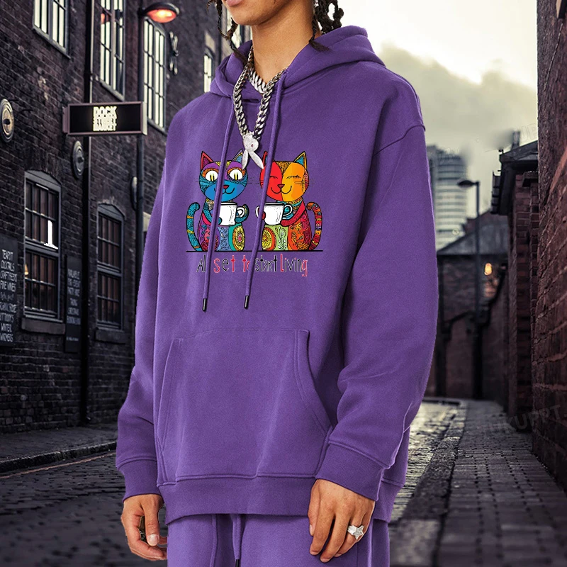 

Cartoon Cat Tea Party Printed Street Hoodies Fashion Kpop Print Hoodie Men Autumn Loose Sweatshirt Male Streetwear Clothes