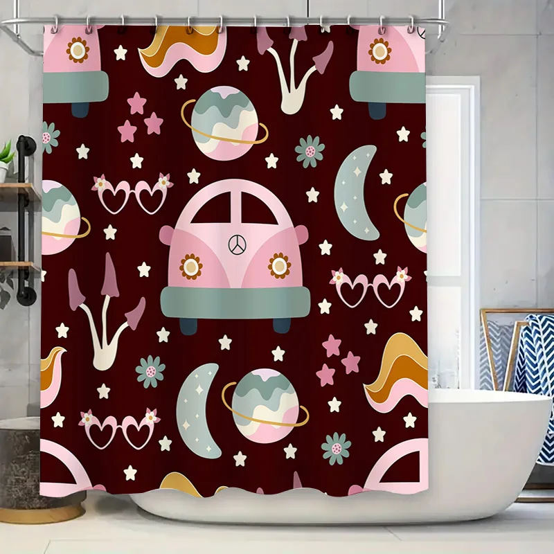 

Занавеска для душа с красочным космическим принтом, розовые автомобильные планеты, полиэфирная ткань для украшения ванной комнаты, водонепроницаемая, можно стирать в машине (180x
