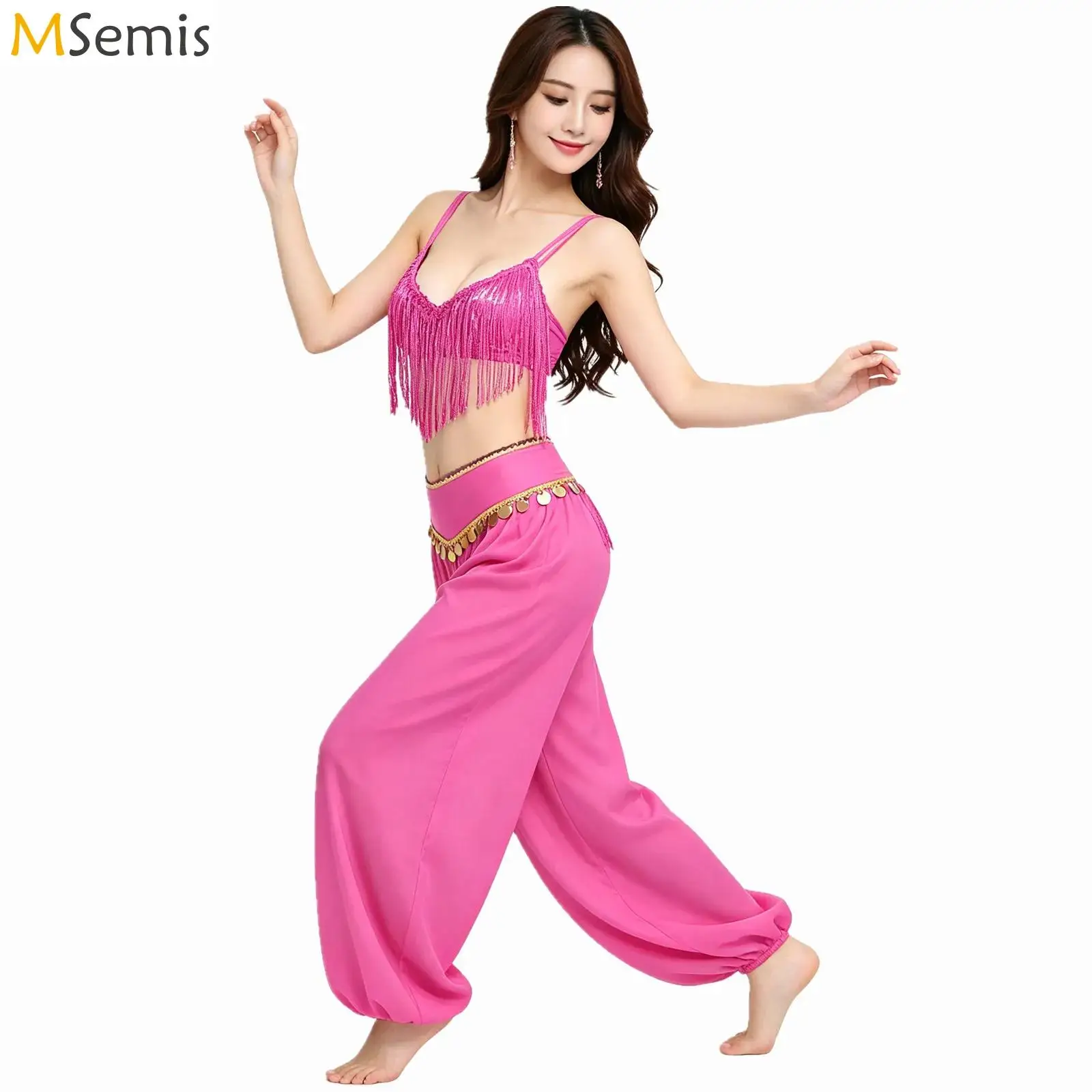 

Женский арабский костюм для танца живота: блестящий топ-бюстгальтер без чашечек с пайетками и бахромой, свободные брюки-шаровары с бахромой