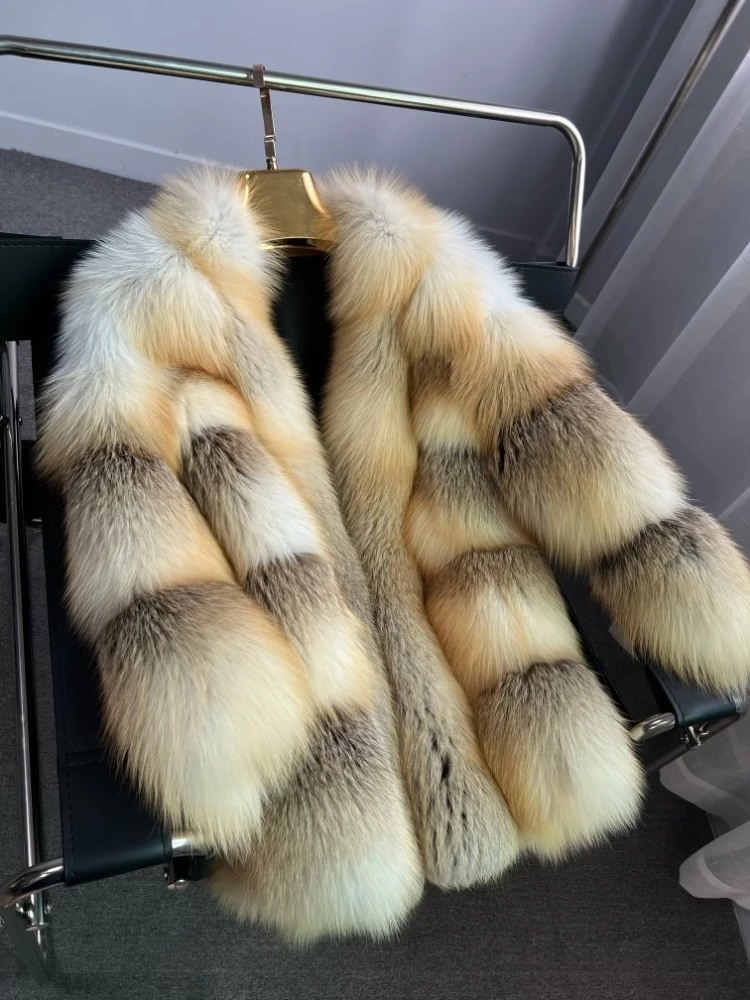 2023 New Style  Luxury Winter Natural Fox Fur Coats  for Women Fancy Fasion Kpop Gril\'s Snow Real Thick Gold Island Fox Jacket