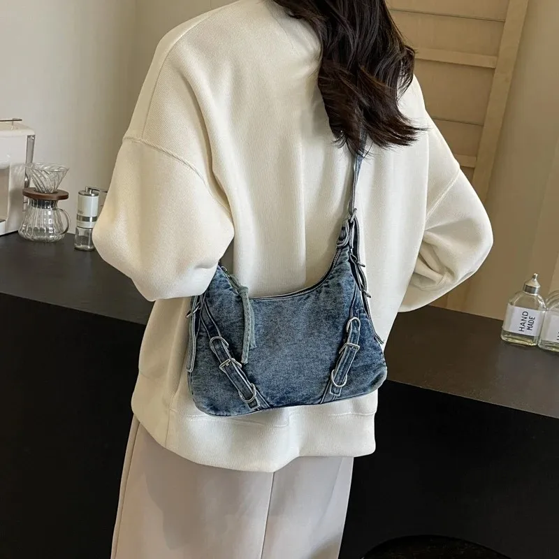 Belt Design Denim Shoulder Bag For Women Korean Fashion Luxury Underarm Bags 2024 New Y2k Retro Handbags Trend Crossbody Bag