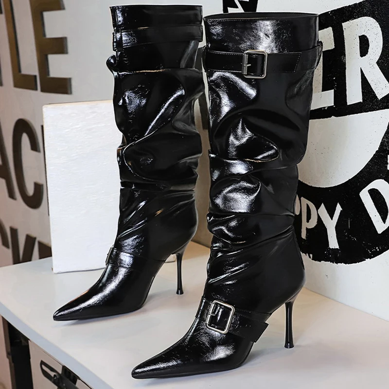 

2026 Sexy Stiletto Women Knee high boots pointed high-heeled boots Belt buckle design Long boots Pleated leather boots