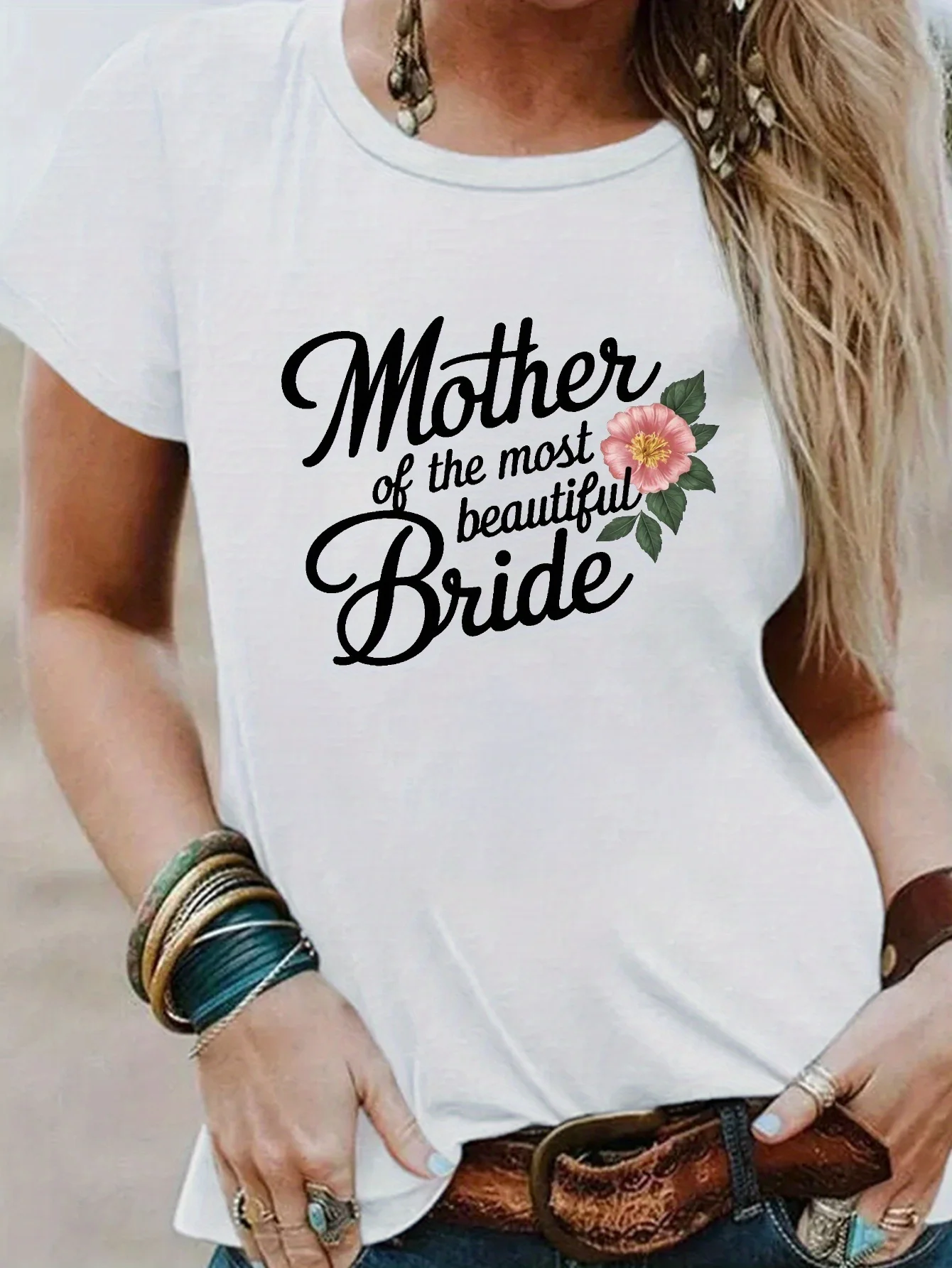 

Mother Of The Beautiful Bride Print T-Shirt Casual Comfort Fit Short Sleeve Crew Neck T-Shirt For Spring Summer Women's Clothing