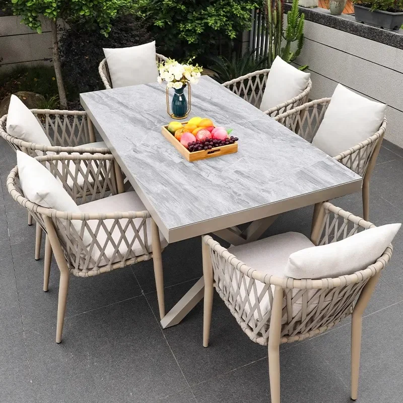 

small-sized apartments, Chair Sets: Drawstring Chairs with Courtyard Outdoor Rock Slab Dining Tables for Villa Gardens' Leisure