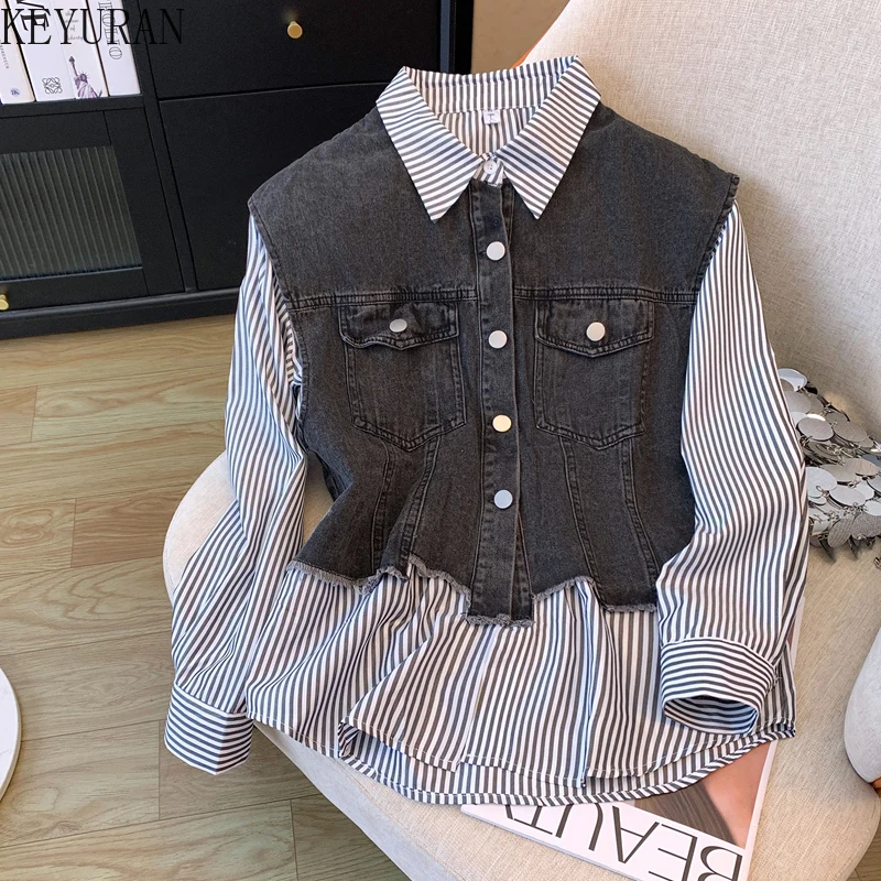 

Vintage Striped Denim Patchwork Fake Two Shirts Blouse Women's Clothing Loose Long Sleeve Blusas Mujer Casual Y2k Oversized Tops