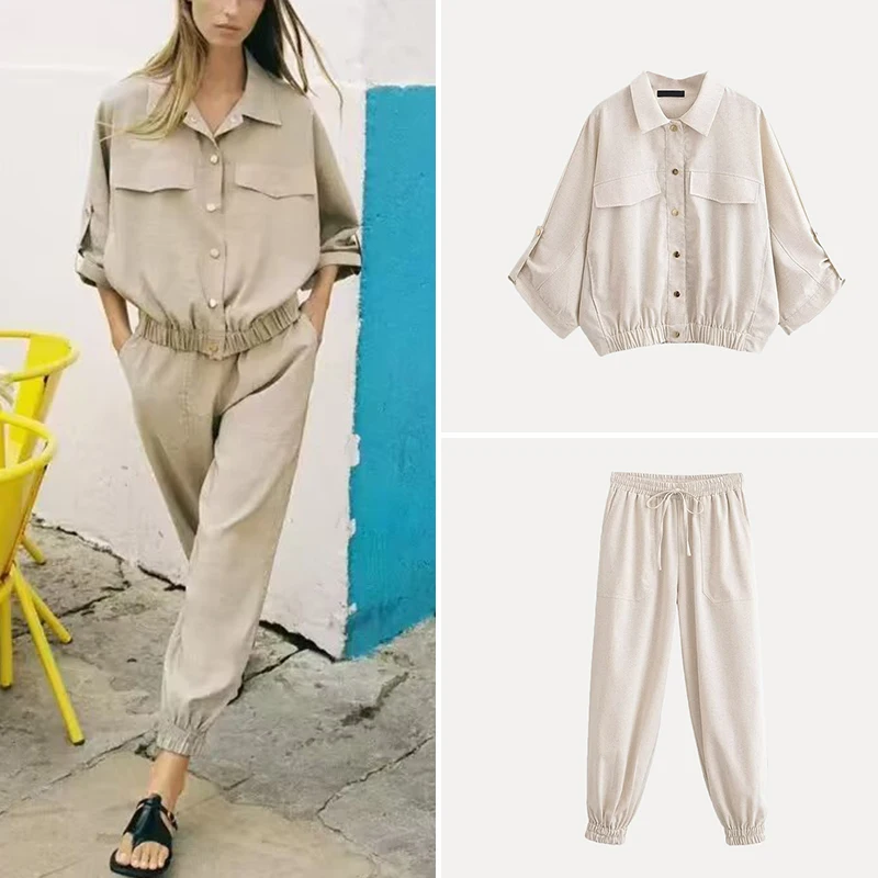 

Summer 2025 Women's Loose Huntwear Shirt Casual Loose Polyester Fiber Long Pants Fashion Set ZADATA Brand Casual Outfit