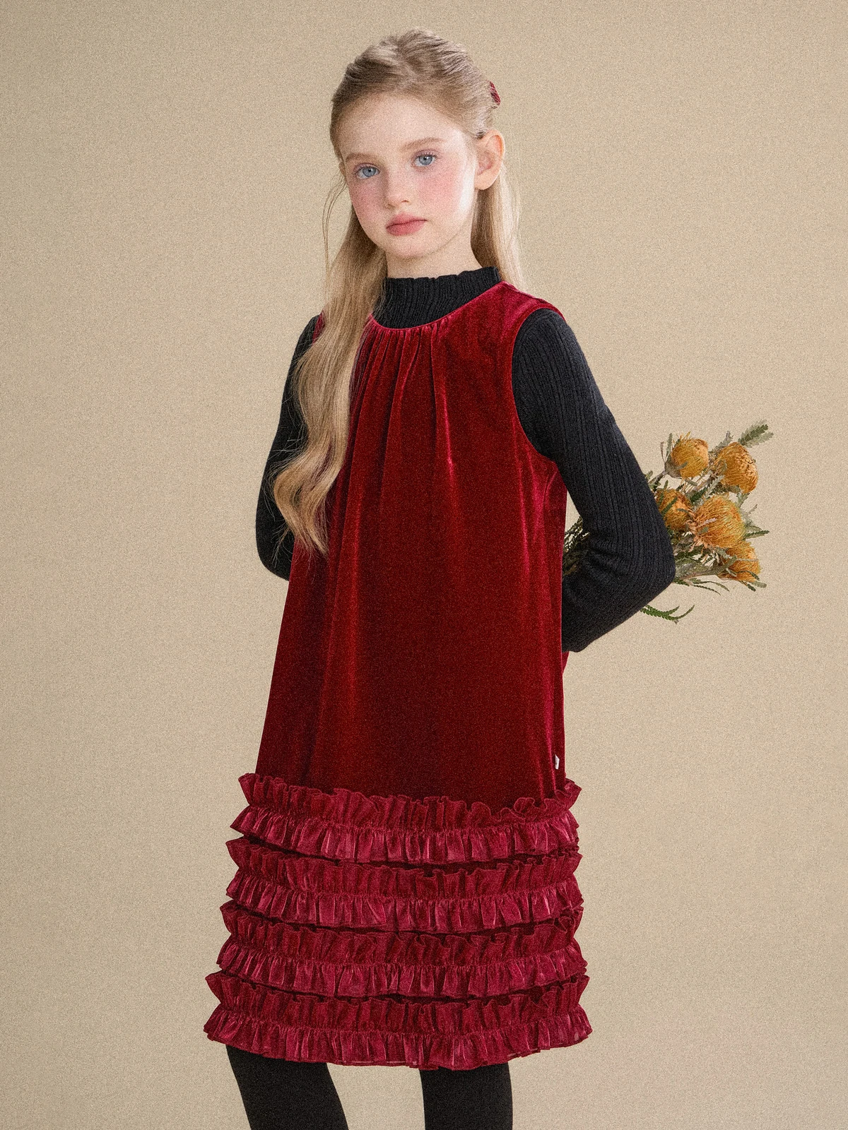 Girls Velvet Dress – Fleece Lined Ruffle Trim Sleeveless Pinafore for Fall Winter, Party Holiday Outfit for Toddler Kids