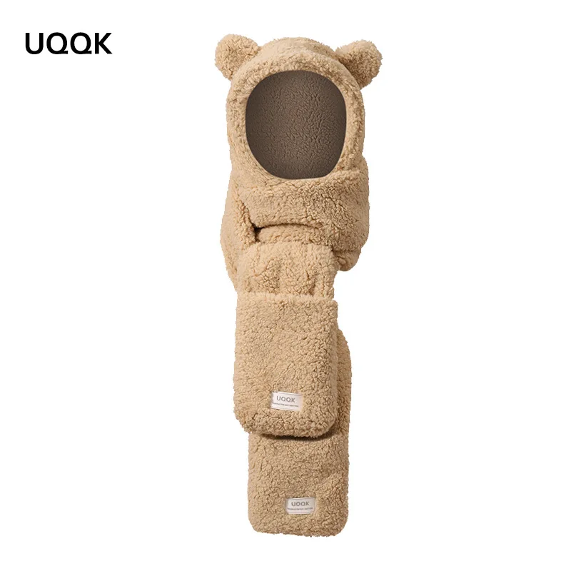 Autumn Winter 2022 New hat Women\'s warm plush gloves Cute one-piece hat Bear bib three piece hat scarf one piece warm wrap shawl