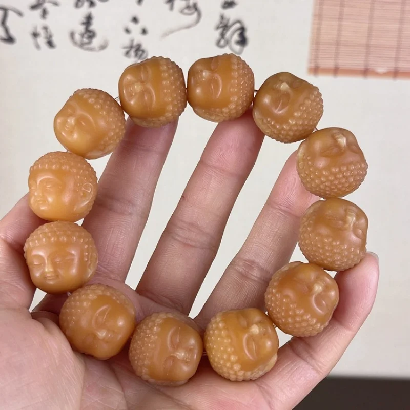 Carved Baby , Weathered Yellow Bodhi Root Buddha , Prayer Beads, Decorative Bracelet