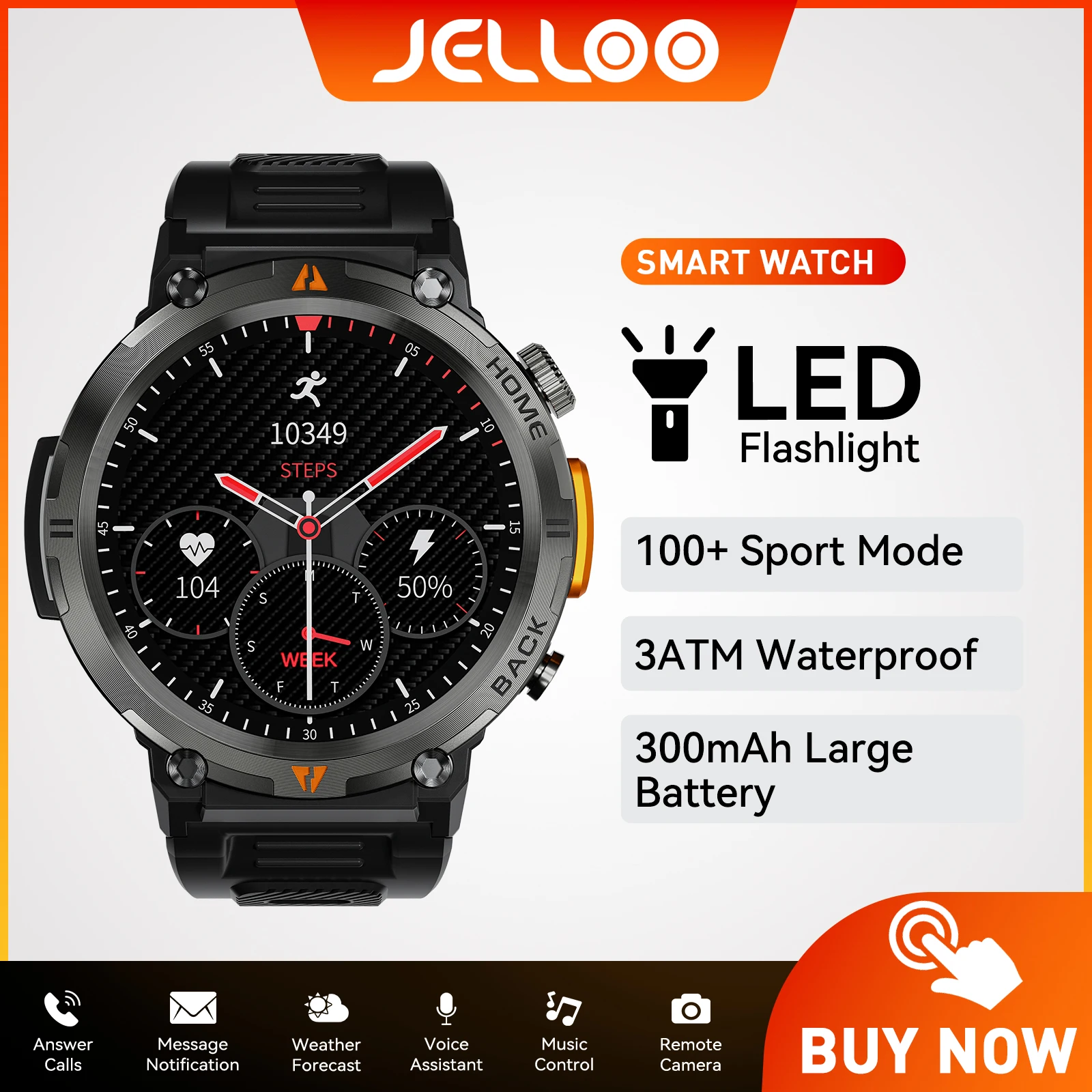 

JELLOO Military Smart Watches for Men with LED Flashlight 1.45'' TFT Screen Heart Rate Sleep Monitor Outdoor Tactical Smartwatch