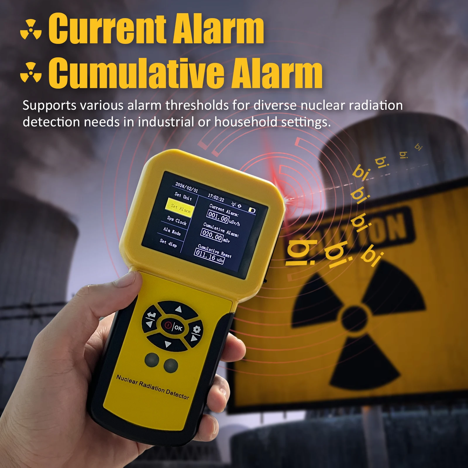 HOLDPEAK Détecteur de rayonnement nucléaire Compteur Geiger Dosimètre personnel Détecteur de rayonnement β Y X-Ray Gamma, avec ensemble d\'alarme,