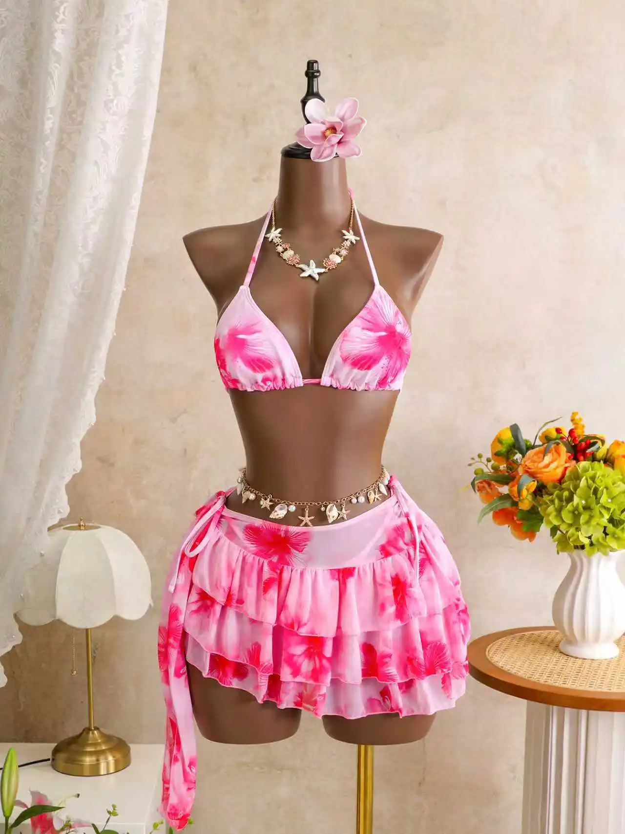 2026 Ruffle Backless Swim Dress Women 3 Piece Bikini Set Push Up Tummy Control Two Piece Swimsuit with Skirt Beach Vacation Summ
