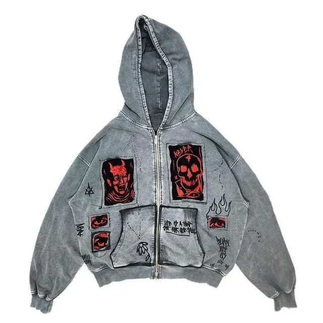 

Hooded Sweatshirt Denim Jacket Coat Men Y2K Cotton Spring Autumn Genderless Demon Printing Patches Retro Street Corner