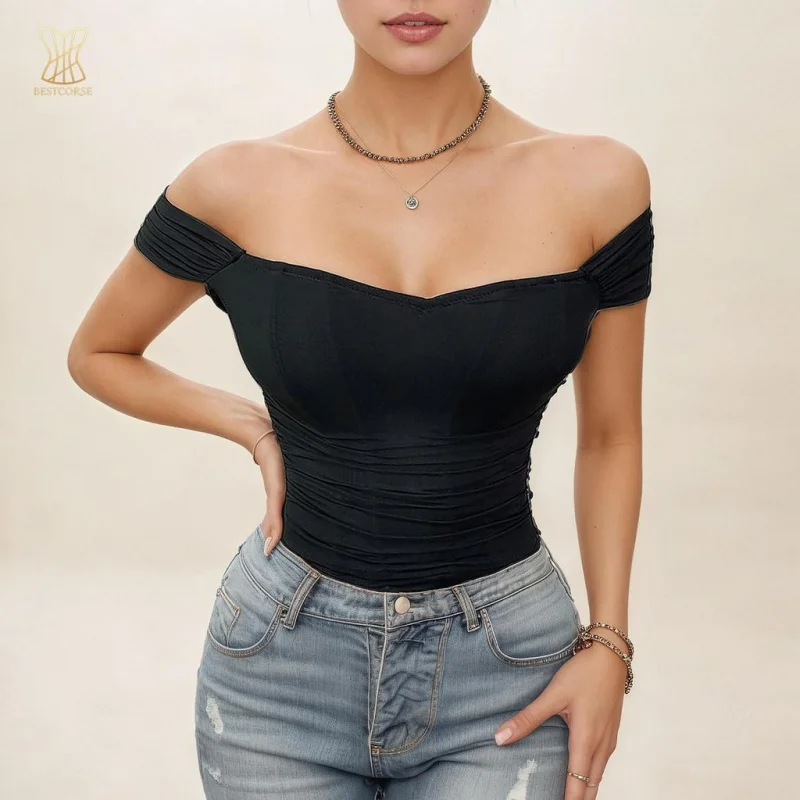 

black corset top Off the shoulder With Back zipper and Bra waist shaper women Crop Top korset Bustier with bone