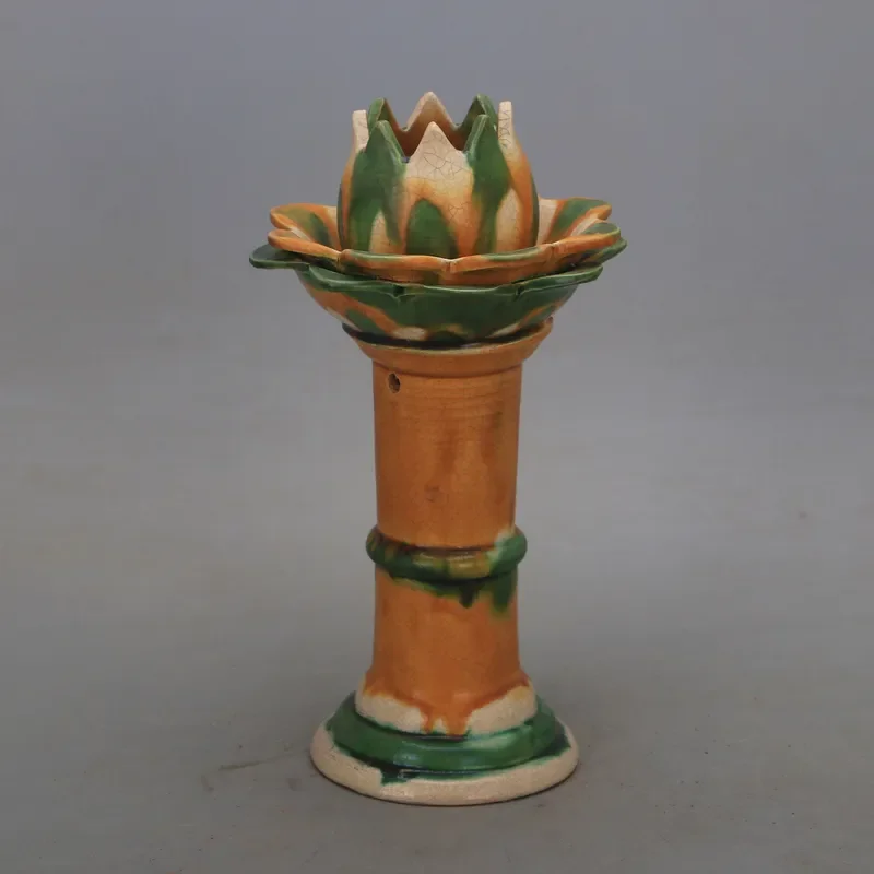 Tang Sancai Lotus Pod Oil Lamp Hand Squeezed Ice Crack Glaze Double Layer Candlestick Antique Porcelain Decorative Ornament